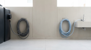 Should a separate hose be used for flushing black tanks? - Image of a technician wearing protective gear while inspecting a water storage tank in Dubai.