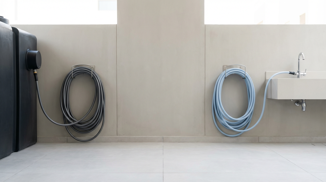 Should a separate hose be used for flushing black tanks? - Image of a technician wearing protective gear while inspecting a water storage tank in Dubai.
